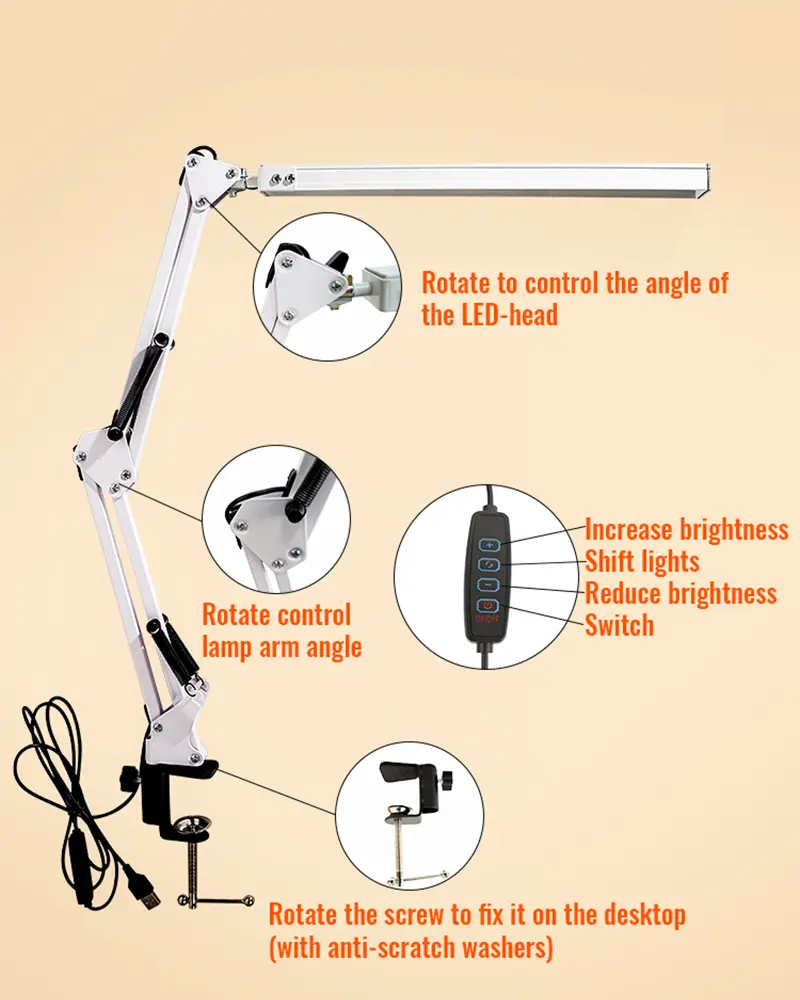 New LED Desk Lamp with Clamp 10W Swing Arm Desk Lamp Dimmable Eye-Caring Desk Light with 10 Brightness Level 3 Lighting Modes