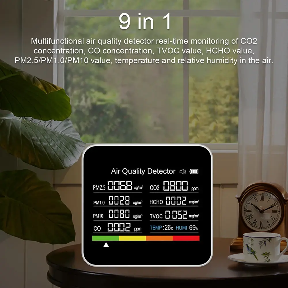 Multifunctional 9 In 1 Air Quality Monitor CO2 Meter CO TVOC HCHO PM2.5 PM1.0 PM10 Temperature And Humidity Measurement Detector