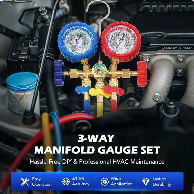 AC Manifold Gauge Set for R134a R12 R22 R502, 3 Way Automotive AC Gauge Set with Antishock Gauges Hoses Couplers Adapter