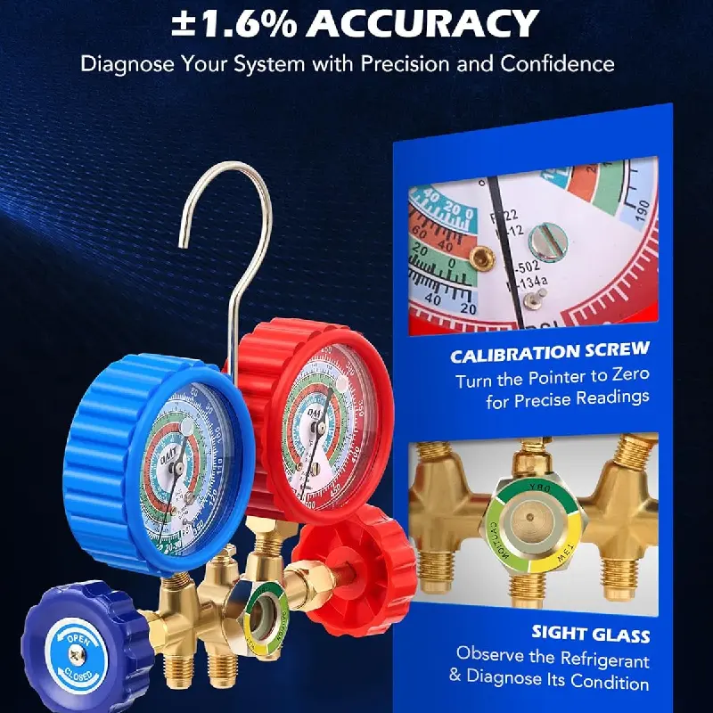 AC Manifold Gauge Set for R134a R12 R22 R502, 3 Way Automotive AC Gauge Set with Antishock Gauges Hoses Couplers Adapter