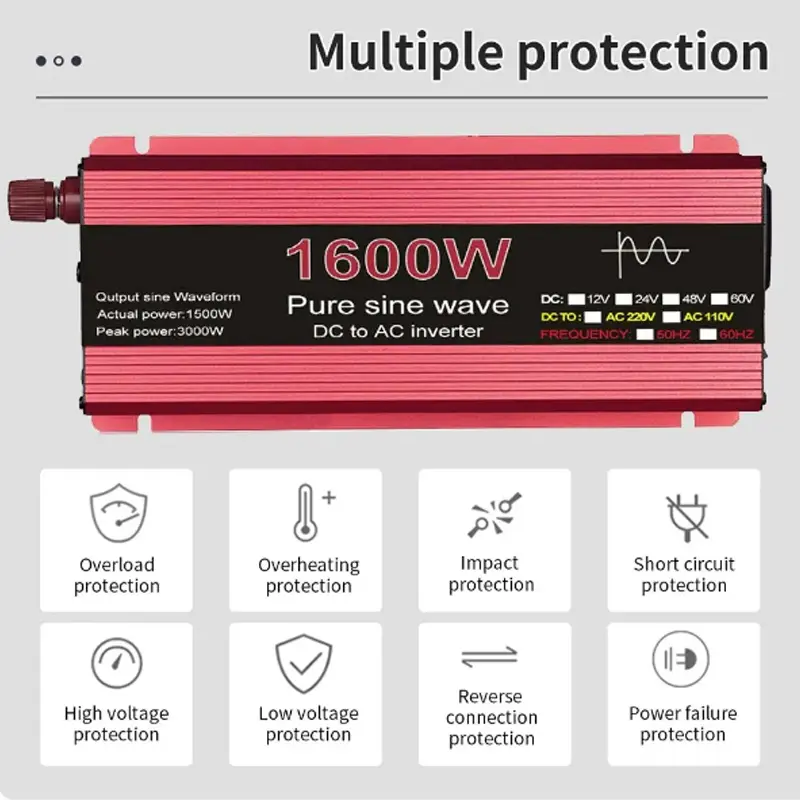 2024 New Pure Sine Wave Inverter DC 12V/24V To AC 110V/220V 1000W 1600W 2000W 2200W Portable Power Bank Converter Solar Inverter