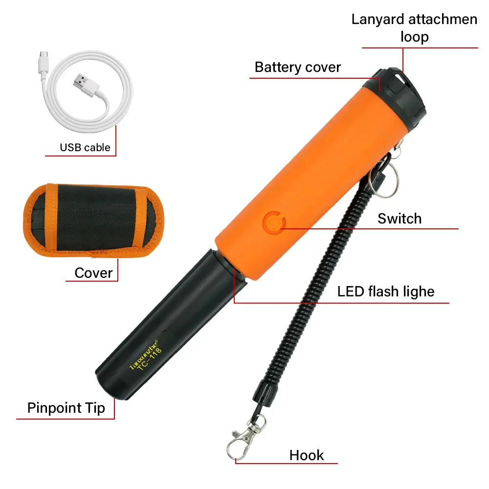Handheld Metal Detector Metal Pinpointing Rod Detector TC118 Built-in battery Waterproof IP68 Metal Gold Detector Tester