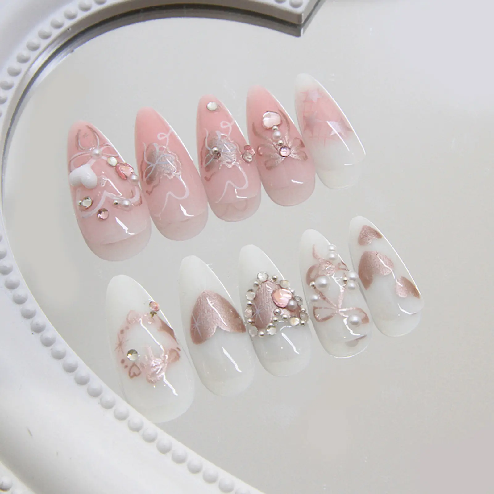 24pcs Almond Press on Fake Nails with Pearls Glossy Pink White Artificial Nails Sweet Heart Shape Fake Nail for Girls Women
