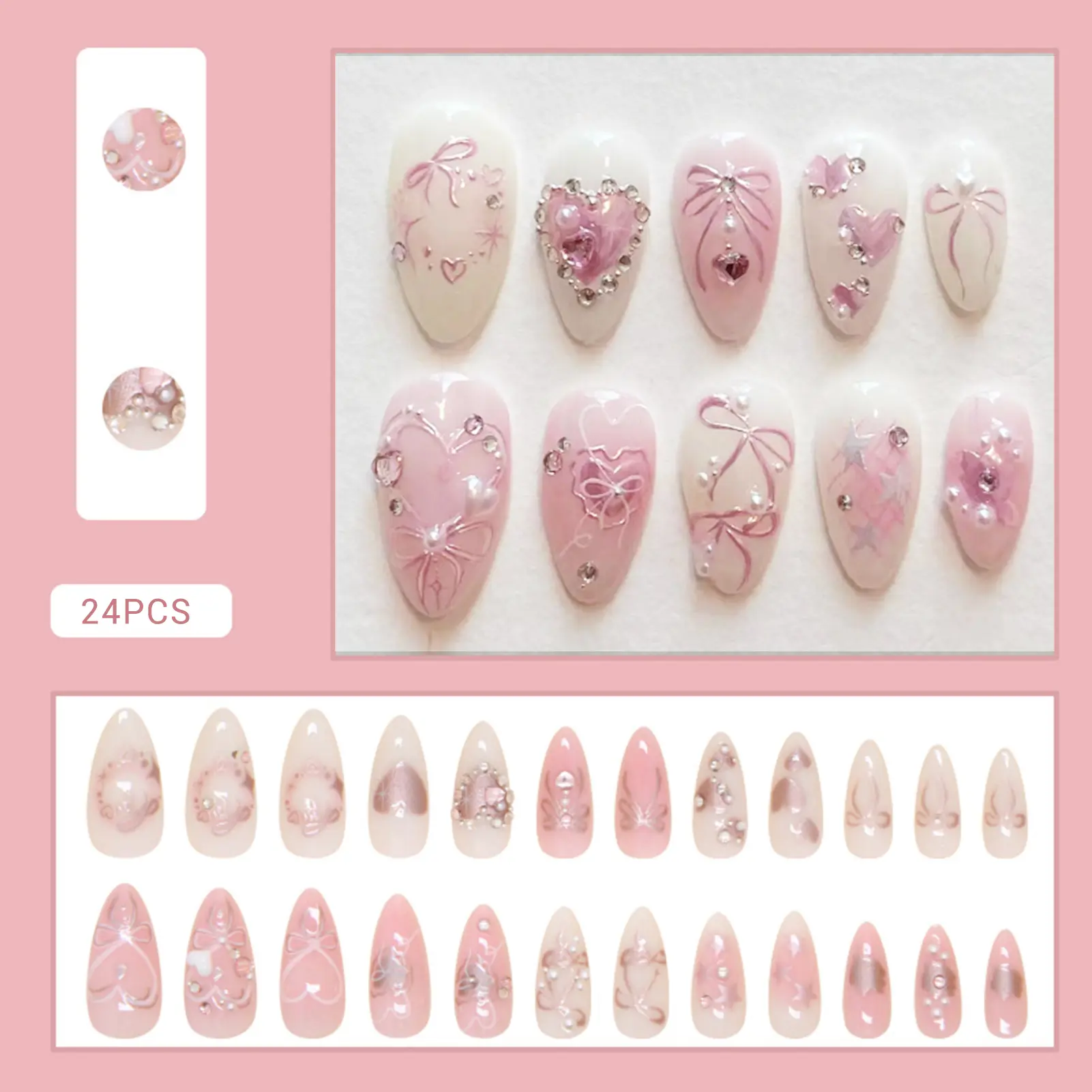 24pcs Almond Press on Fake Nails with Pearls Glossy Pink White Artificial Nails Sweet Heart Shape Fake Nail for Girls Women