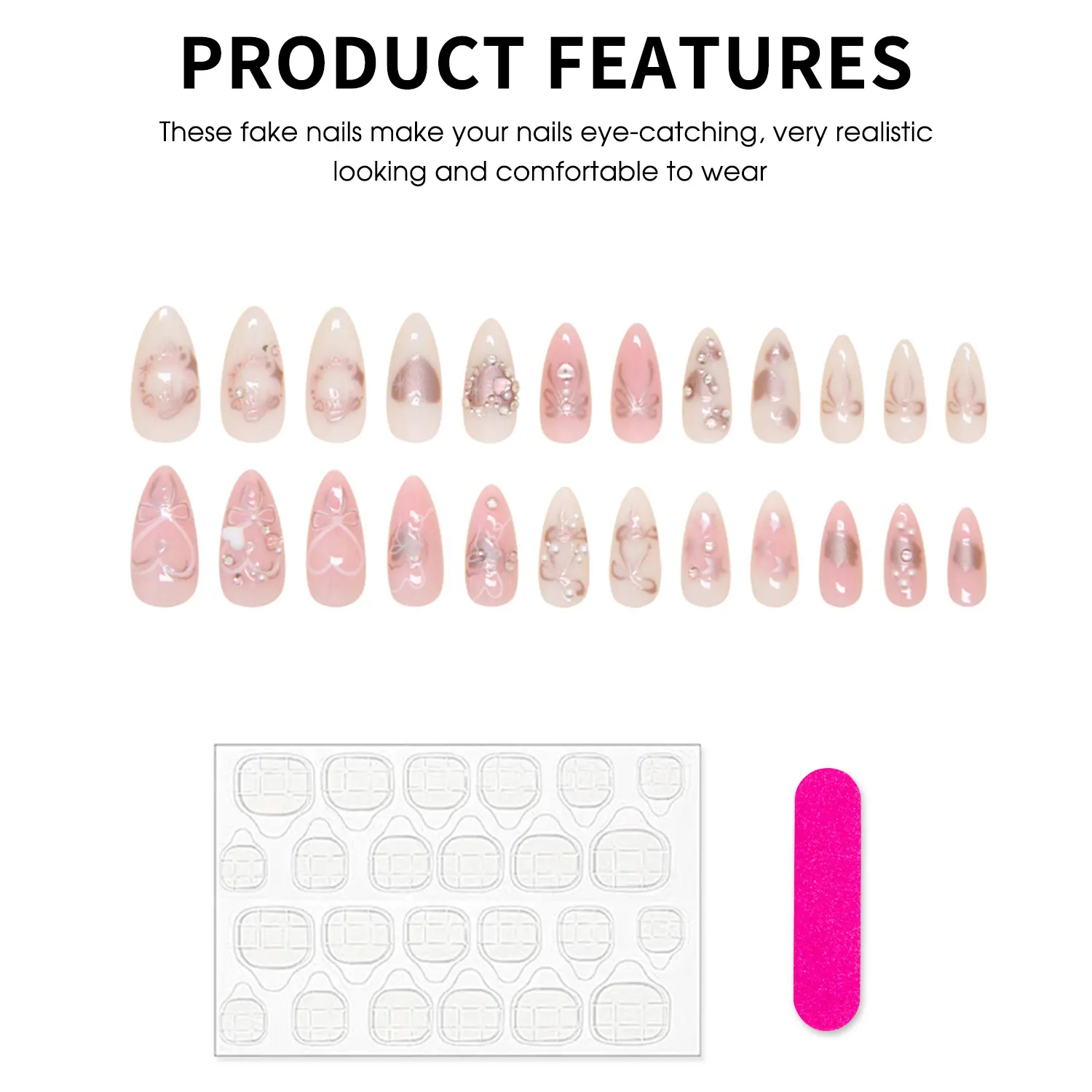24pcs Almond Press on Fake Nails with Pearls Glossy Pink White Artificial Nails Sweet Heart Shape Fake Nail for Girls Women