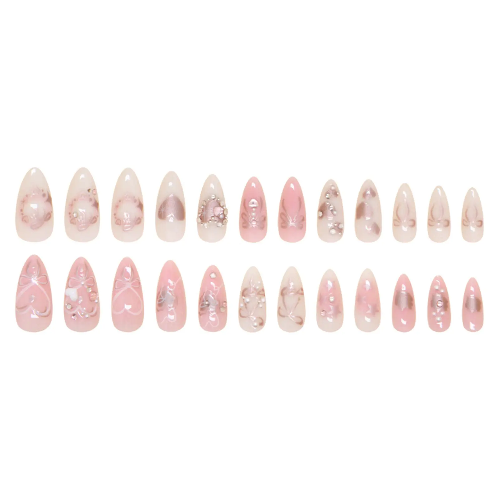 24pcs Almond Press on Fake Nails with Pearls Glossy Pink White Artificial Nails Sweet Heart Shape Fake Nail for Girls Women