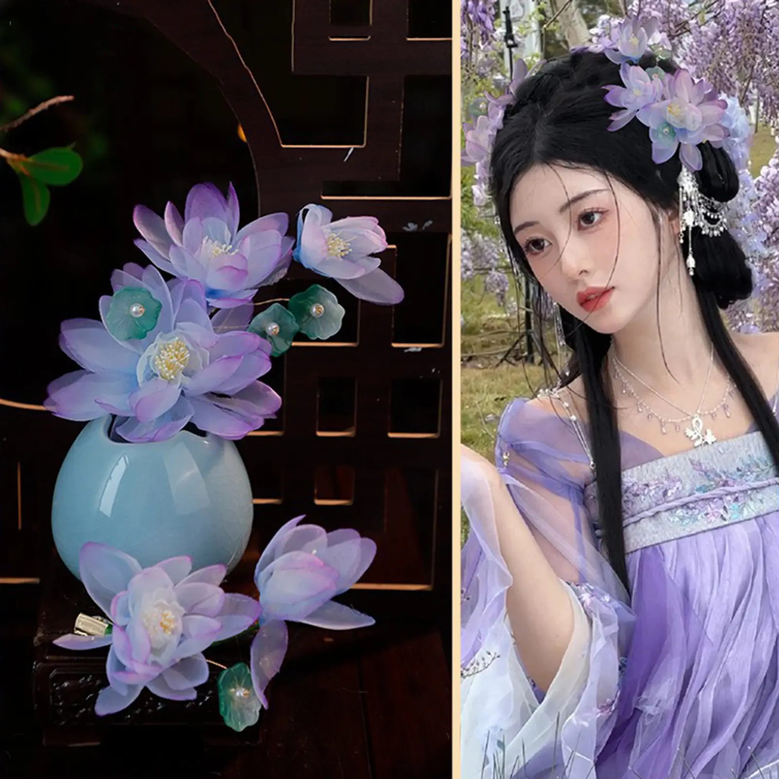 2024 New Hairpin Girl Retro Style Tulle Floral Lace Purple Silk Flower Hairpin Hanfu Headdress Accessories Modeling Tools