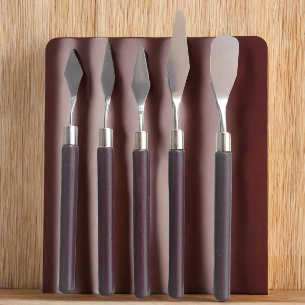 5pcs Paint Oil Painting Spatula Set Clay Scraper Wooden Handle Palette Knife Set Cake Spatula Kit Pottery Modeling Tools