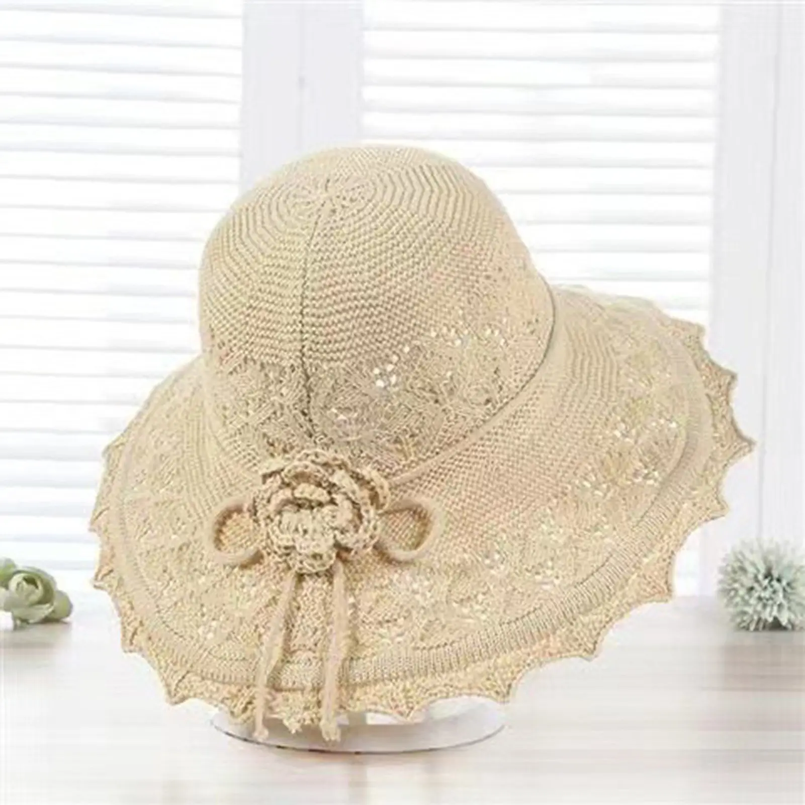 Summer Crochet Straw Hat For Women Beach Hat Flower Wide Brim Beach Sun Hat Female Panama Straw Hat Lightweight Floppy Hat