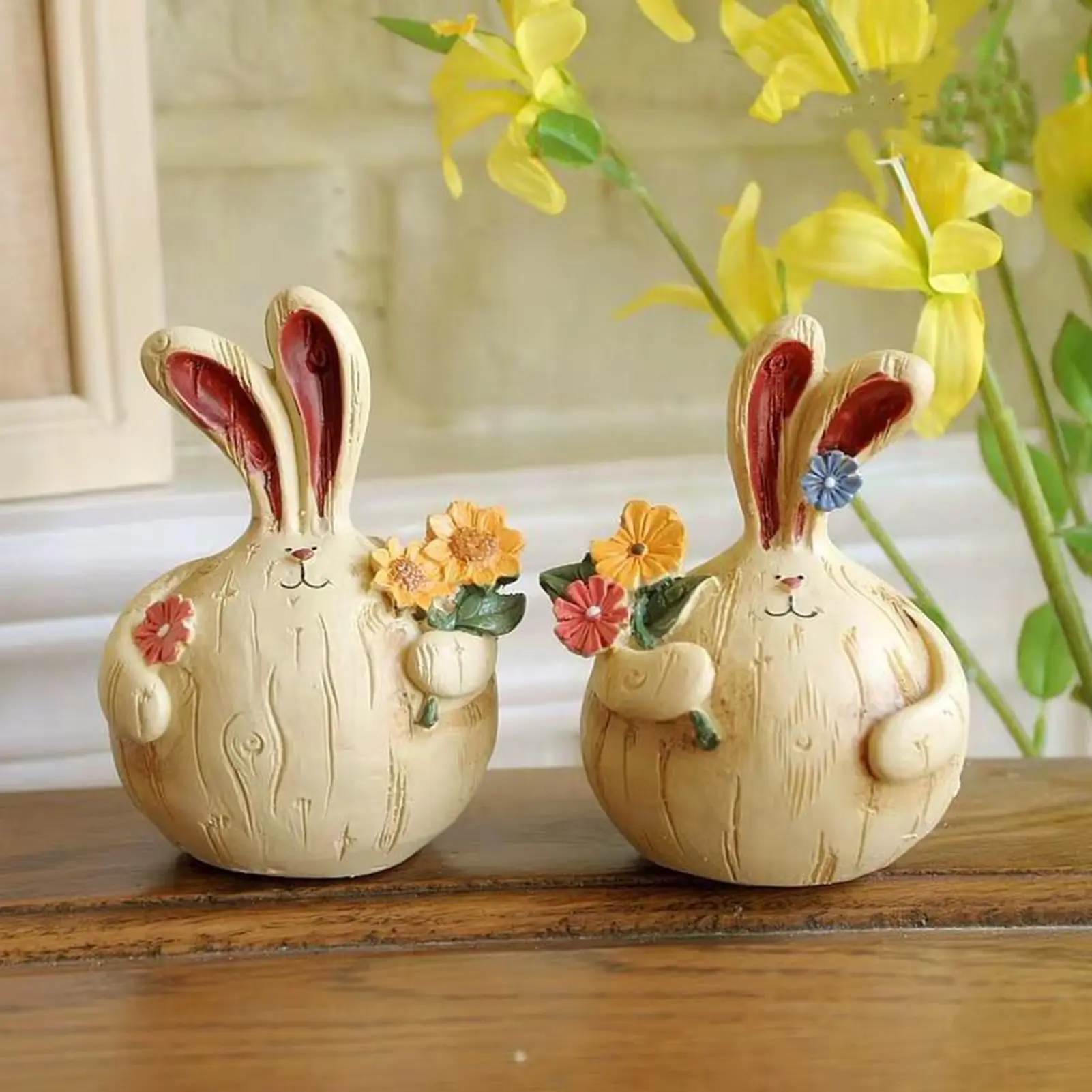 Wood-like Resin Ornaments Retro Rabbit Craft Statue A Pair Of Cute Rabbit Ornaments Crafts Statue A Pair Of Home Decorations