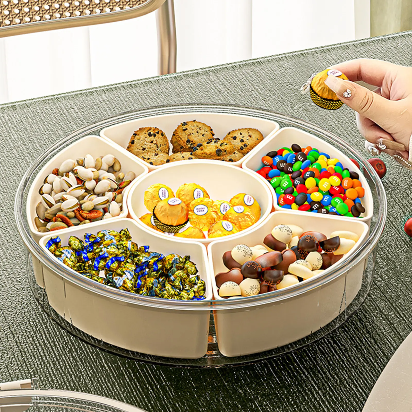 Portable Snack Fruit Box Round Food Container Beach Picnic Food Platter Rotatable 6 Grids Vegetable Dustproof Case 26.5cm