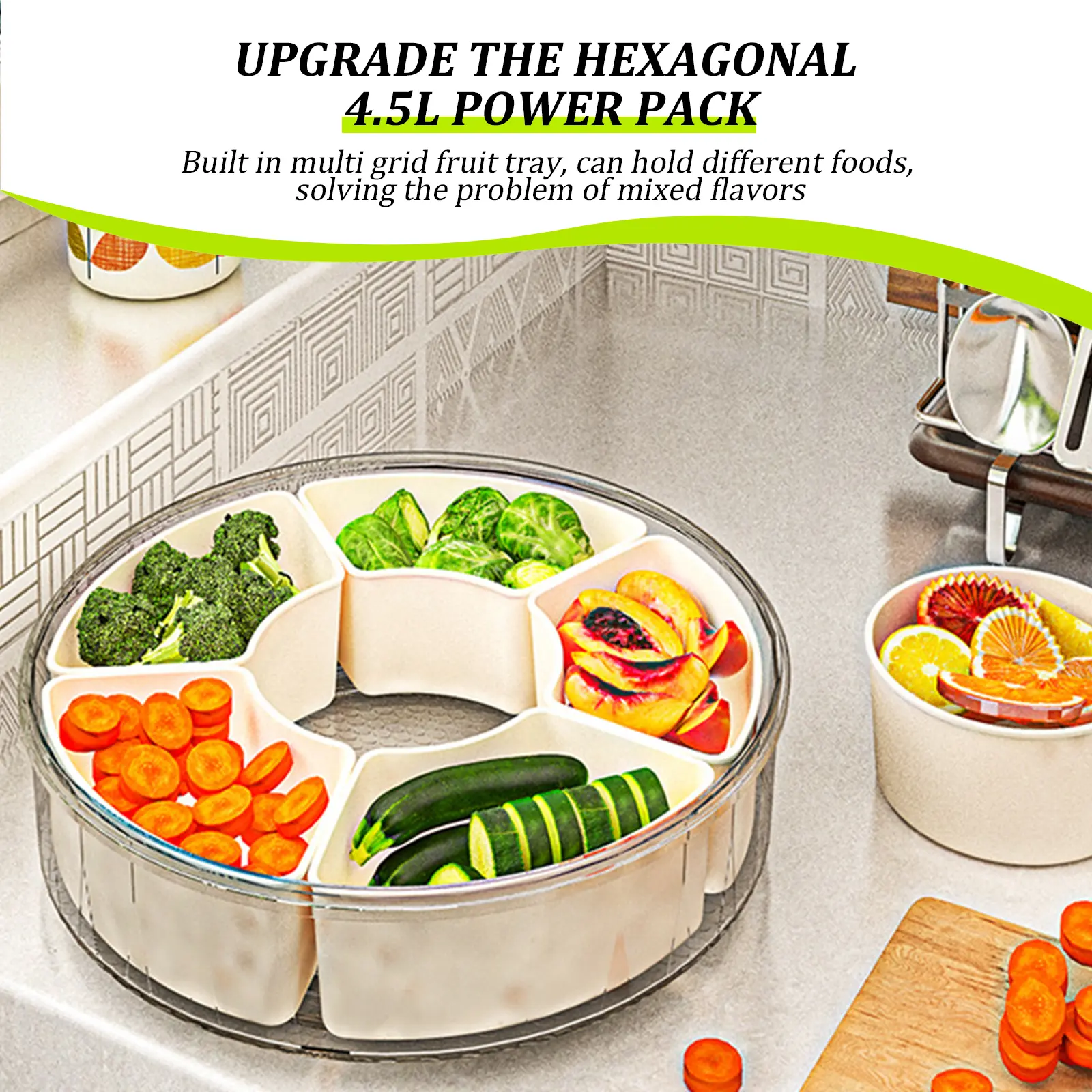 Portable Snack Fruit Box Round Food Container Beach Picnic Food Platter Rotatable 6 Grids Vegetable Dustproof Case 26.5cm