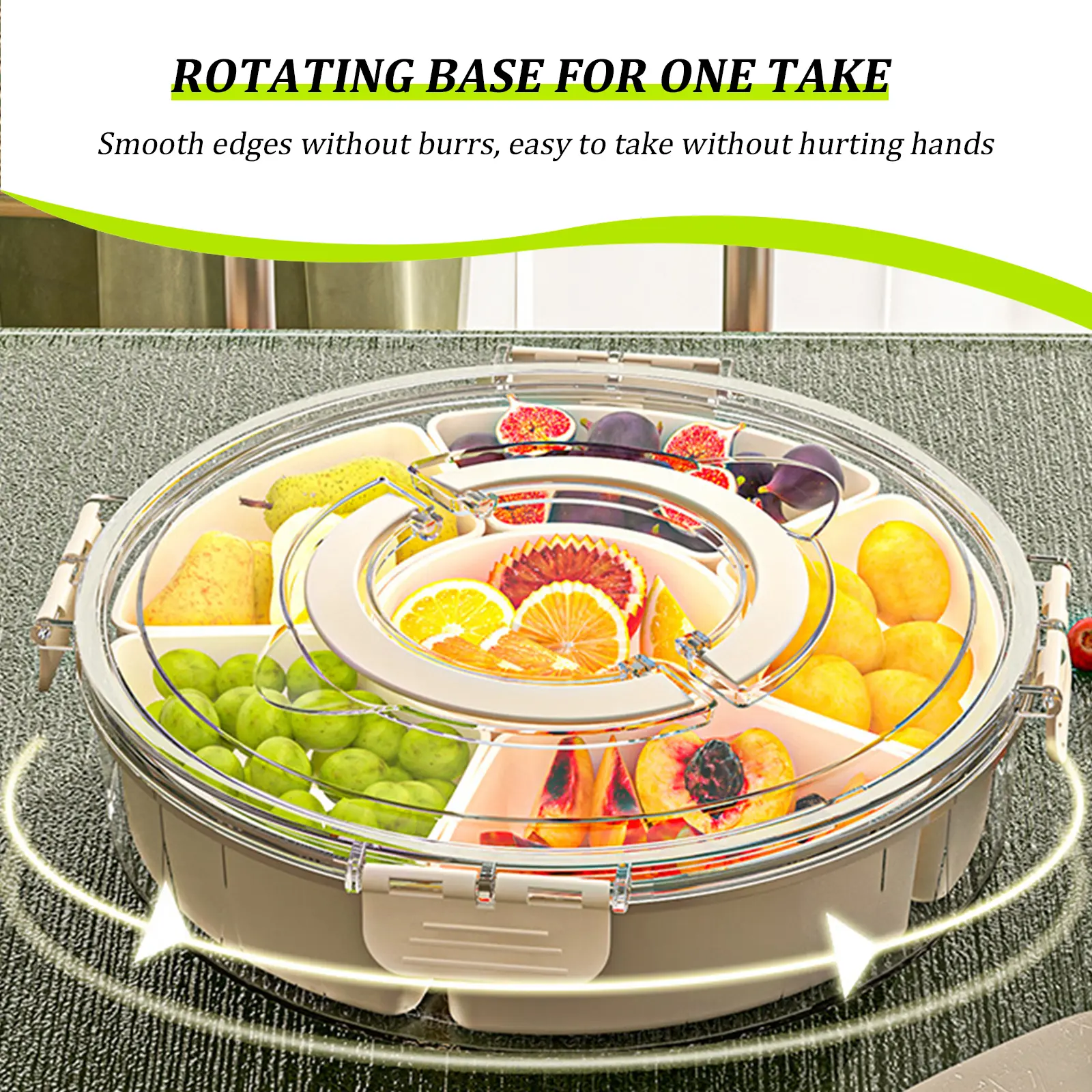 Portable Snack Fruit Box Round Food Container Beach Picnic Food Platter Rotatable 6 Grids Vegetable Dustproof Case 26.5cm