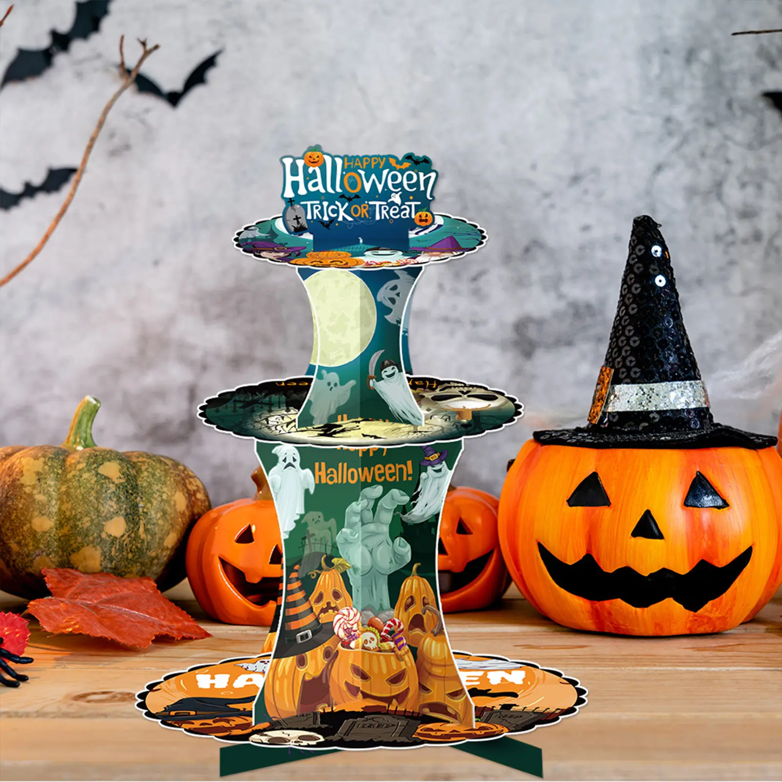 3-Tier Halloween Paper Dessert Stand - DIY Spooky Party Candy Display with Ghost/Pumpkin/Bat Printed Buffet Table Decor