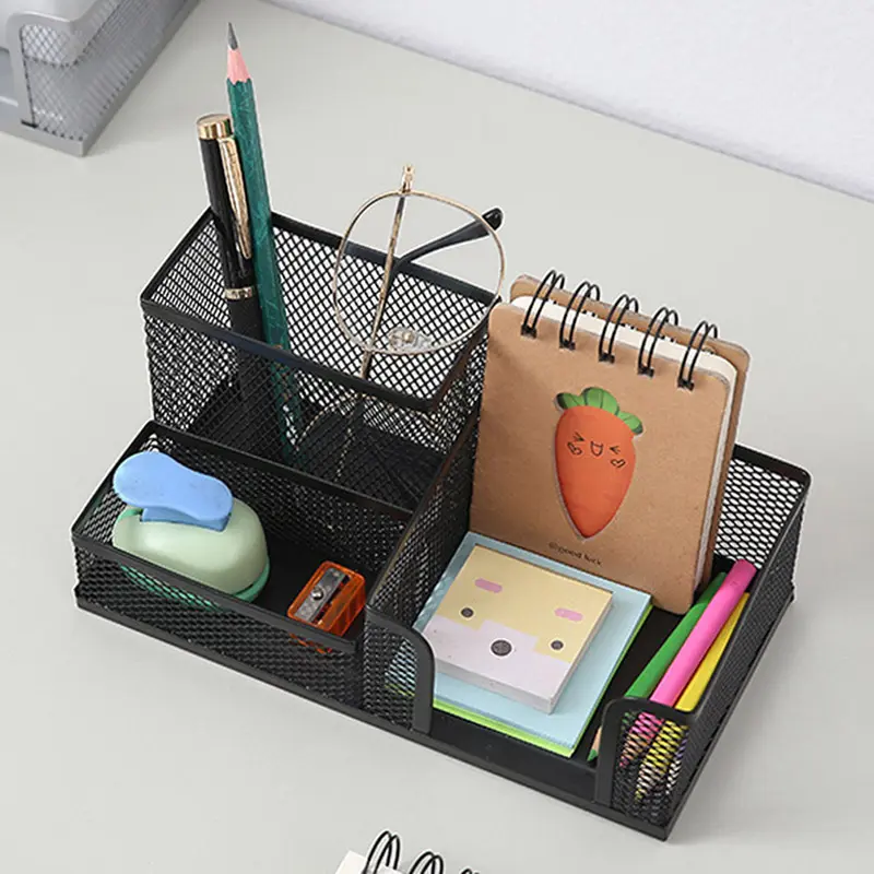 1pc surable Stationary Card Tidy Table Organiser 3 Grids Black Mesh Pen Holder File Storage Rack Iron Art Pen Holder Storage Box
