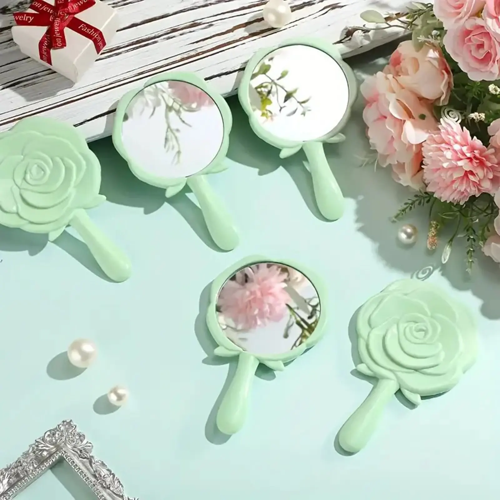 Retro Rose Makeup Mirror Makeup Portable Hand-held Small Mirror Hair Band Storage Bag Shape Storage Set -15-piece Girl Gift