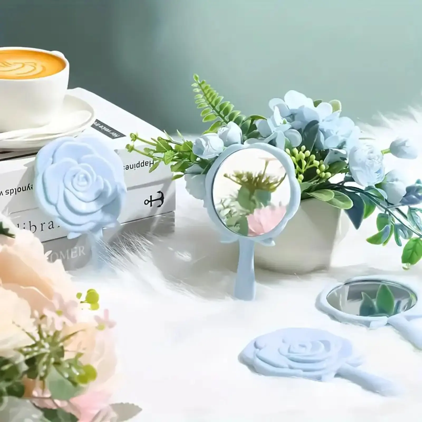 Retro Rose Makeup Mirror Makeup Portable Hand-held Small Mirror Hair Band Storage Bag Shape Storage Set -15-piece Girl Gift