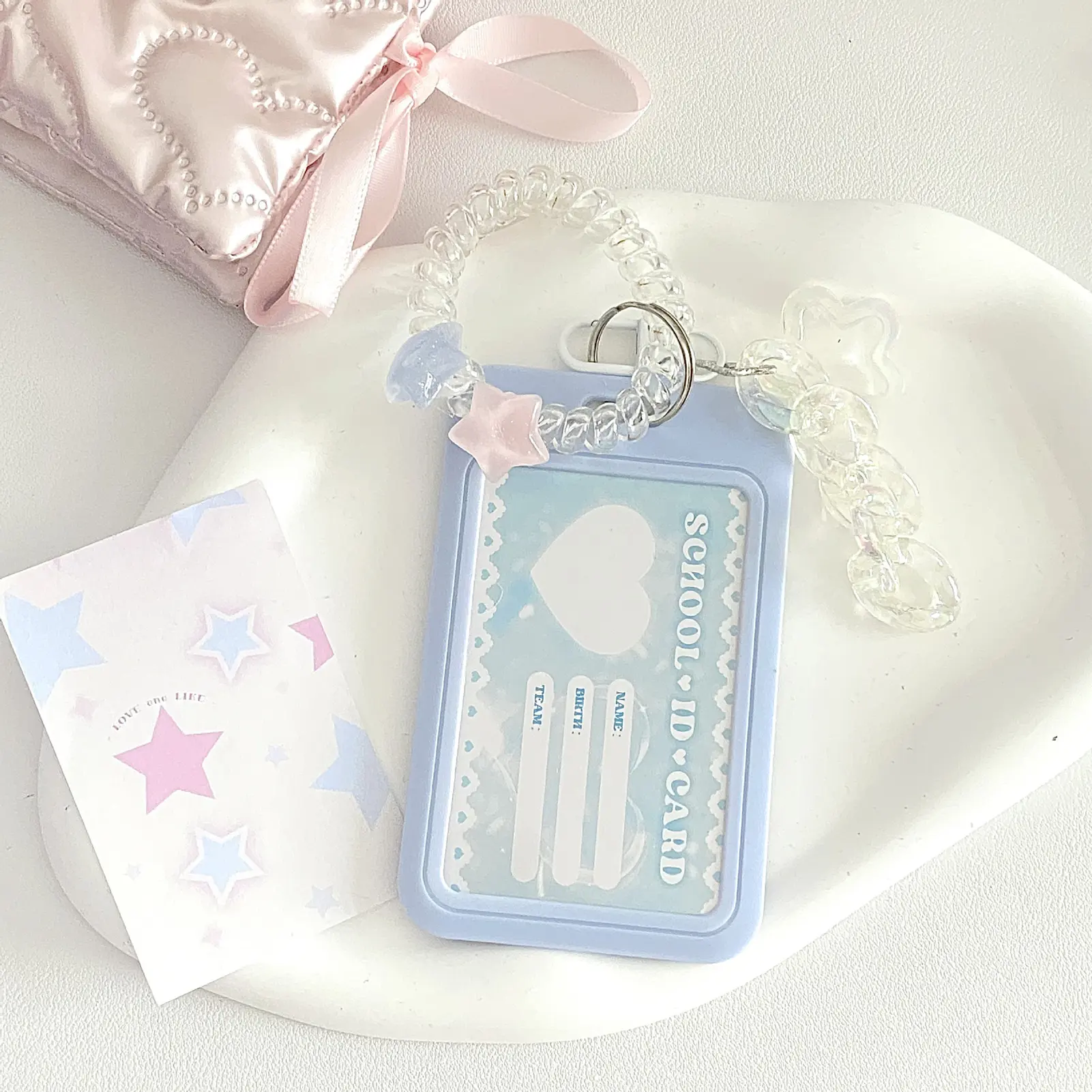 Blue Women's Cute Card Cover Holder Flash Pink Love Gradient Cool Card Star Pendant Keychain Bus Student Id Card Holder Case