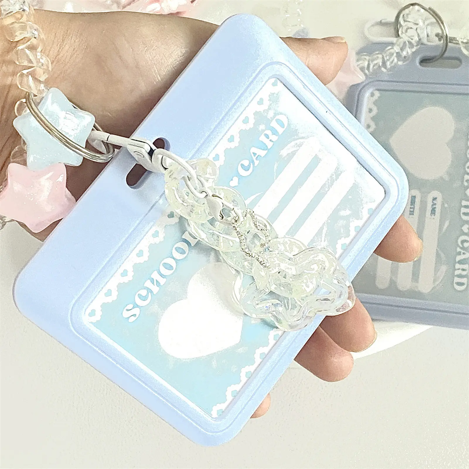 Blue Women's Cute Card Cover Holder Flash Pink Love Gradient Cool Card Star Pendant Keychain Bus Student Id Card Holder Case