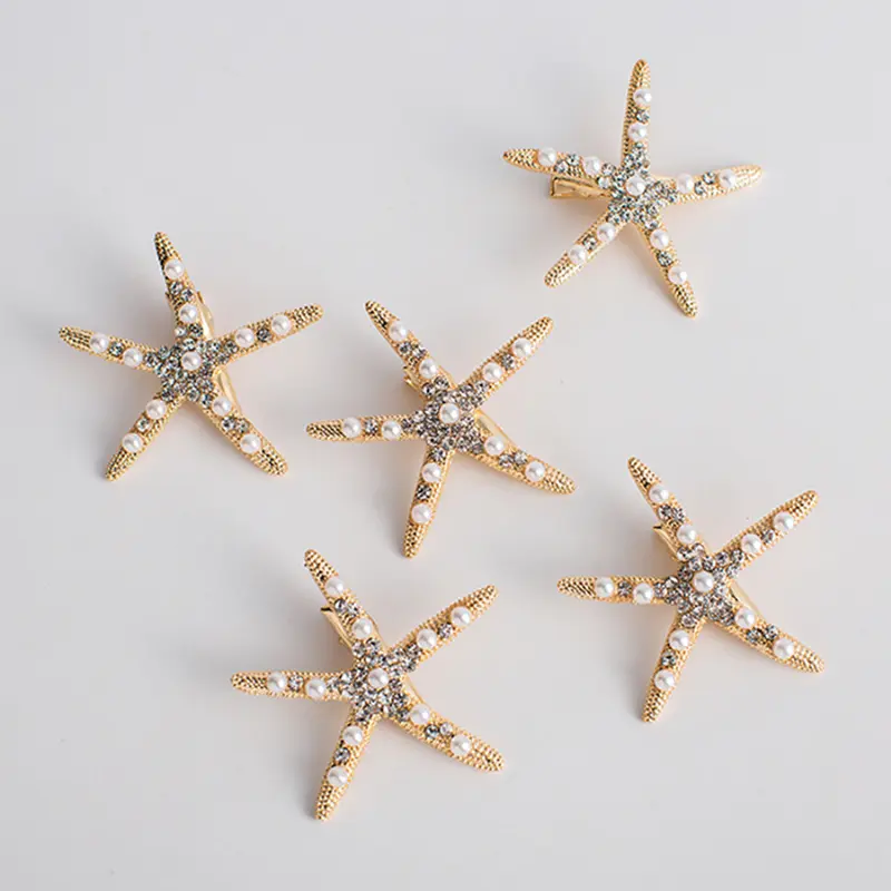 5pcs Korea's Women Side Clip Hair Barrettes Hair Accessories Starfish Rhinestone Pearls Hair Clip Set Gold Star Hair Accessories