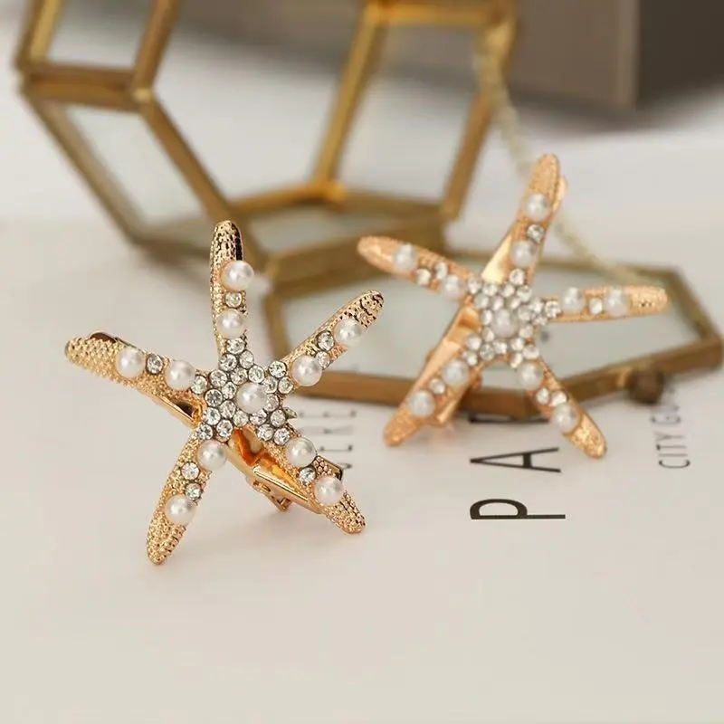 5pcs Korea's Women Side Clip Hair Barrettes Hair Accessories Starfish Rhinestone Pearls Hair Clip Set Gold Star Hair Accessories