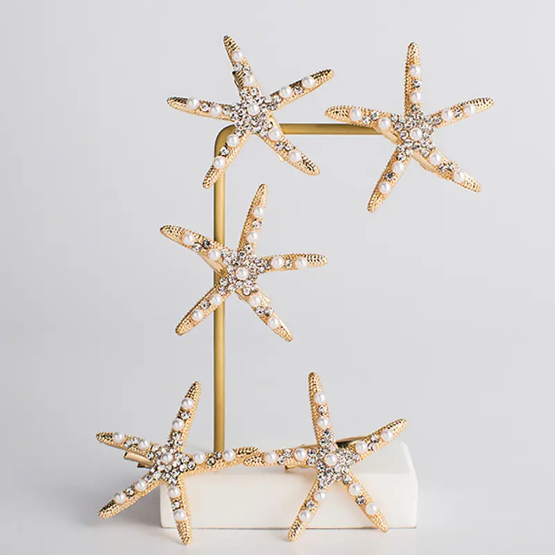 5pcs Korea's Women Side Clip Hair Barrettes Hair Accessories Starfish Rhinestone Pearls Hair Clip Set Gold Star Hair Accessories