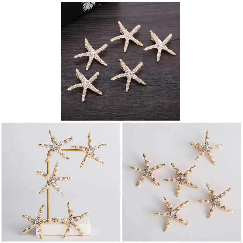5pcs Korea's Women Side Clip Hair Barrettes Hair Accessories Starfish Rhinestone Pearls Hair Clip Set Gold Star Hair Accessories