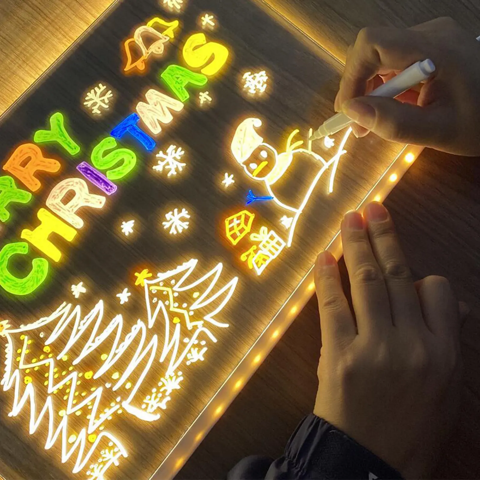LED Illuminated Magic Note Board Desktop Memo Note Board Erasable White Board for Kids DIY Painting with 7 Color Pens