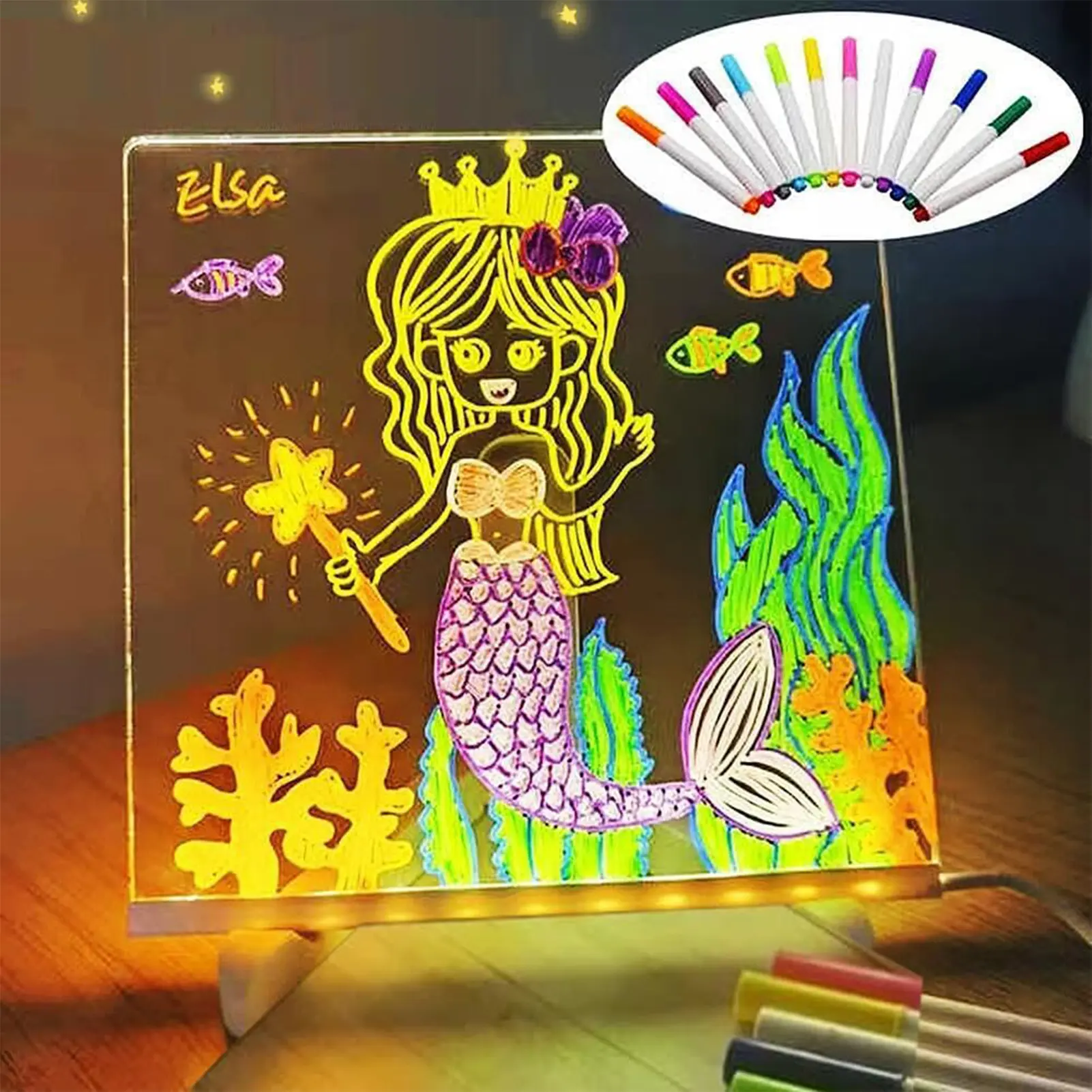 LED Illuminated Magic Note Board Desktop Memo Note Board Erasable White Board for Kids DIY Painting with 7 Color Pens