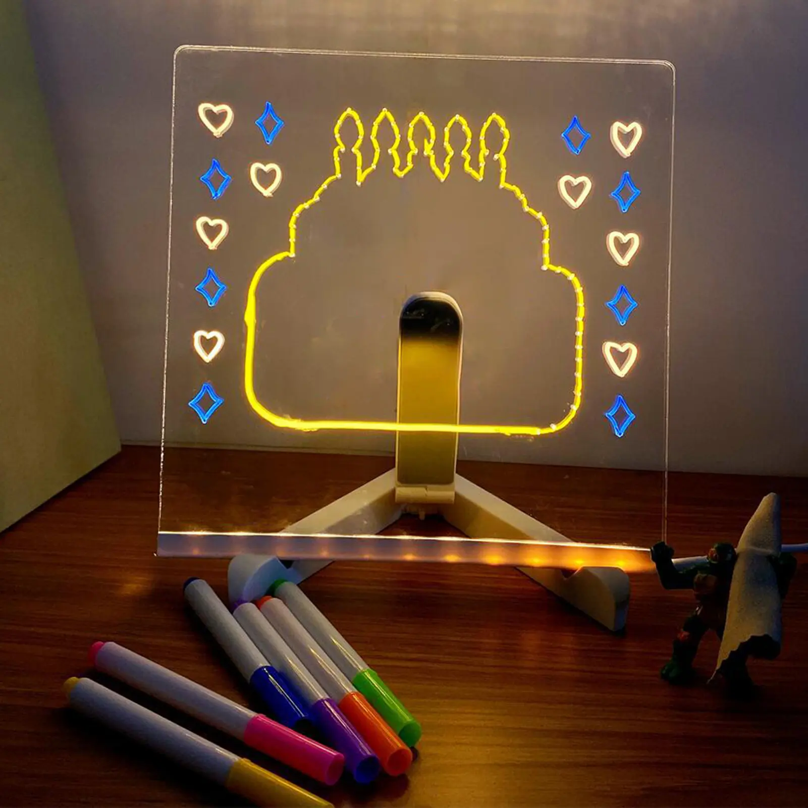 LED Illuminated Magic Note Board Desktop Memo Note Board Erasable White Board for Kids DIY Painting with 7 Color Pens