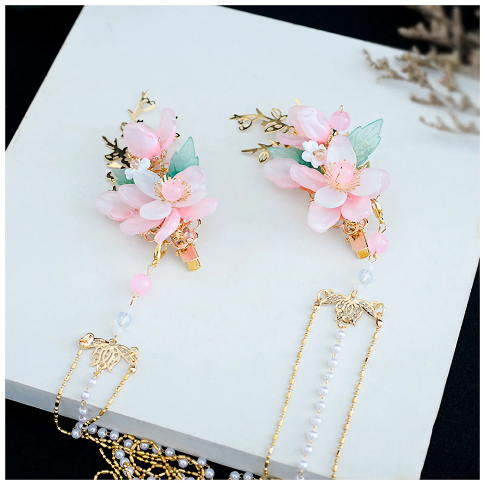 1pair Chinese Hanfu Hair Accessories Pink Flower Hairpins Vintage Dress Headwear Long Butterfly Tassels Hair Clip Noiva Jewelry
