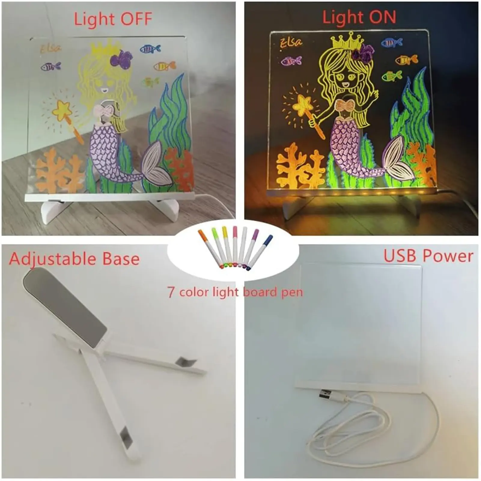 LED Illuminated Magic Note Board Desktop Memo Note Board Erasable White Board for Kids DIY Painting with 7 Color Pens