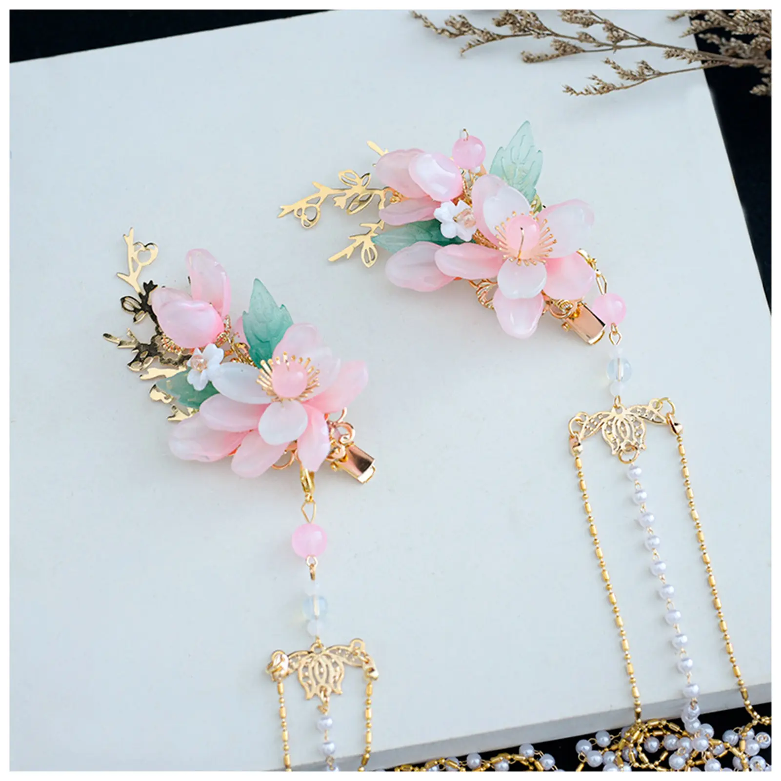 1pair Chinese Hanfu Hair Accessories Pink Flower Hairpins Vintage Dress Headwear Long Butterfly Tassels Hair Clip Noiva Jewelry