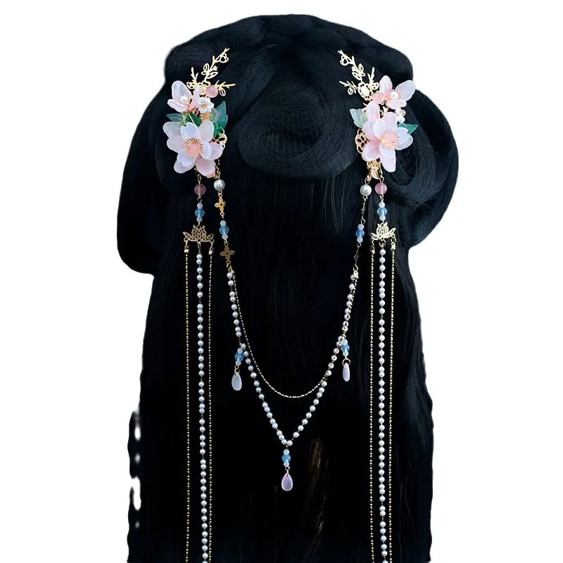 1pair Chinese Hanfu Hair Accessories Pink Flower Hairpins Vintage Dress Headwear Long Butterfly Tassels Hair Clip Noiva Jewelry