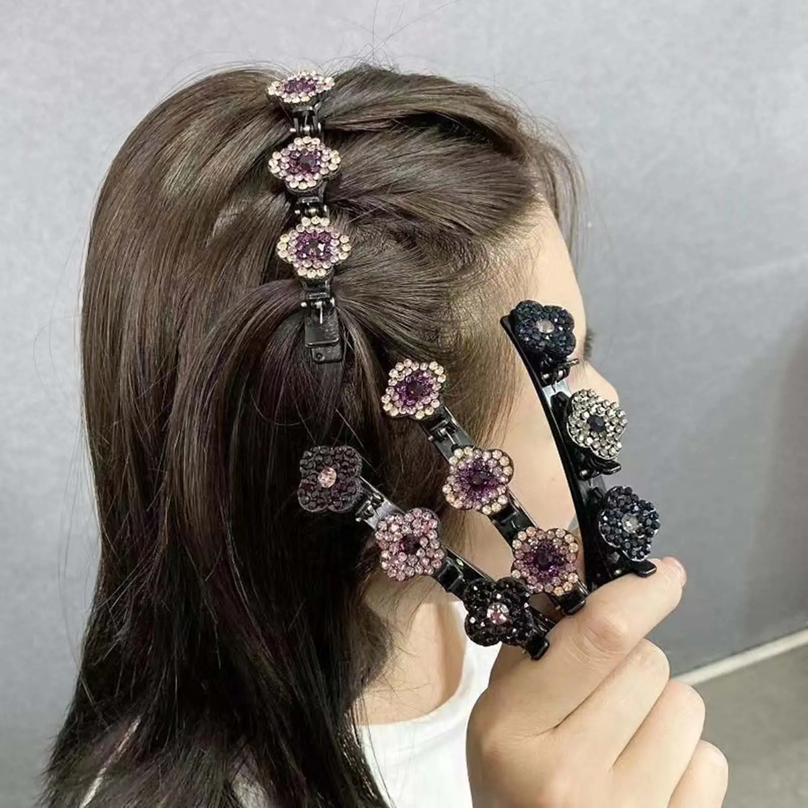 4pcs New Korean Style Hairpin Side Clip Flower  Rhinestones Sweet And Girl Lovely Bangs Hairpin Elastic Duckbill Clip.