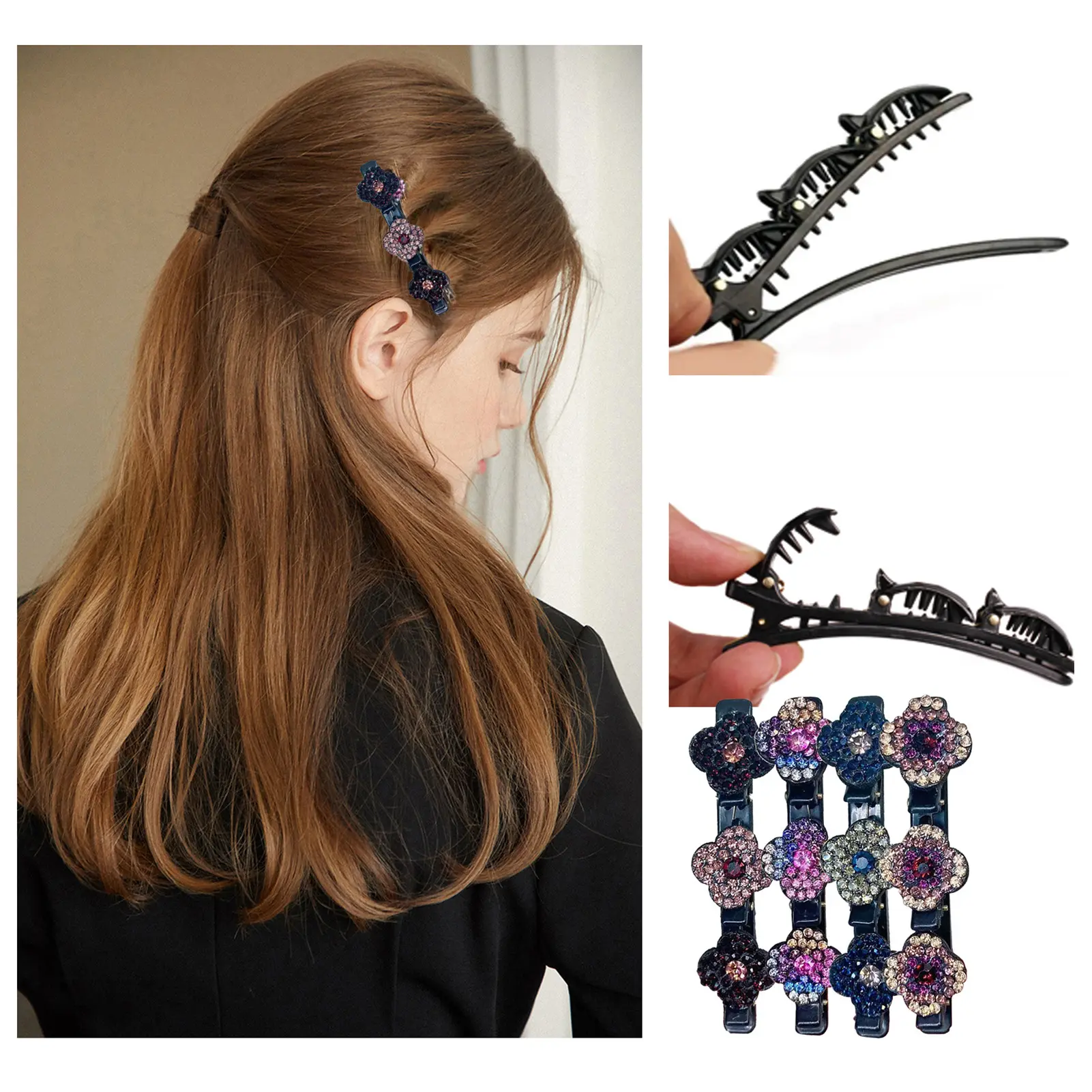 4pcs New Korean Style Hairpin Side Clip Flower  Rhinestones Sweet And Girl Lovely Bangs Hairpin Elastic Duckbill Clip.