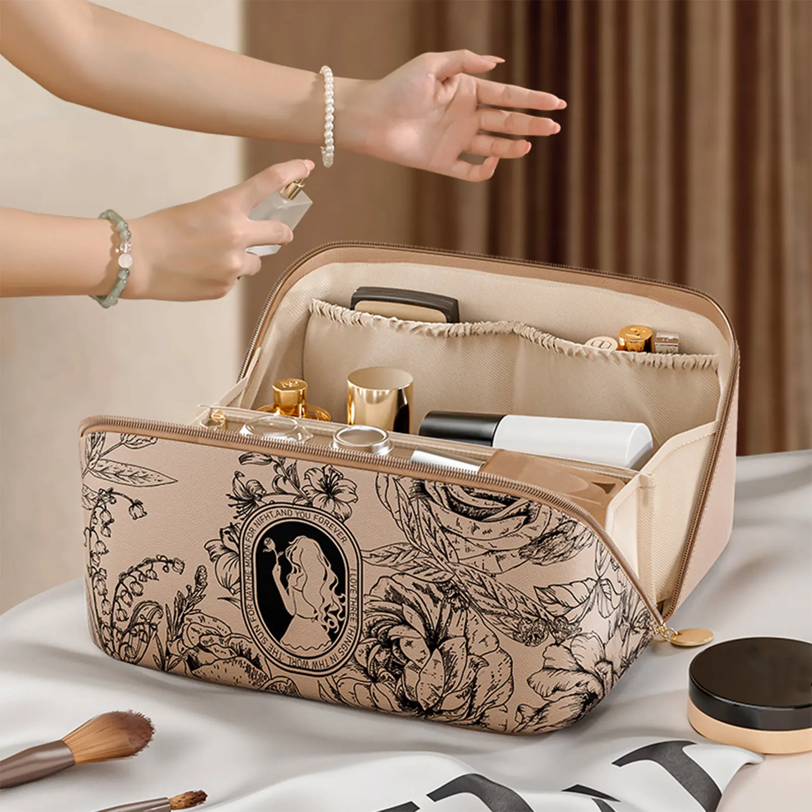 Fashion Women's Cosmetic Bags PU Waterproof Makeup Bag Large Capacity Handheld Stylish Pillow Bag Travel Toiletry Bag