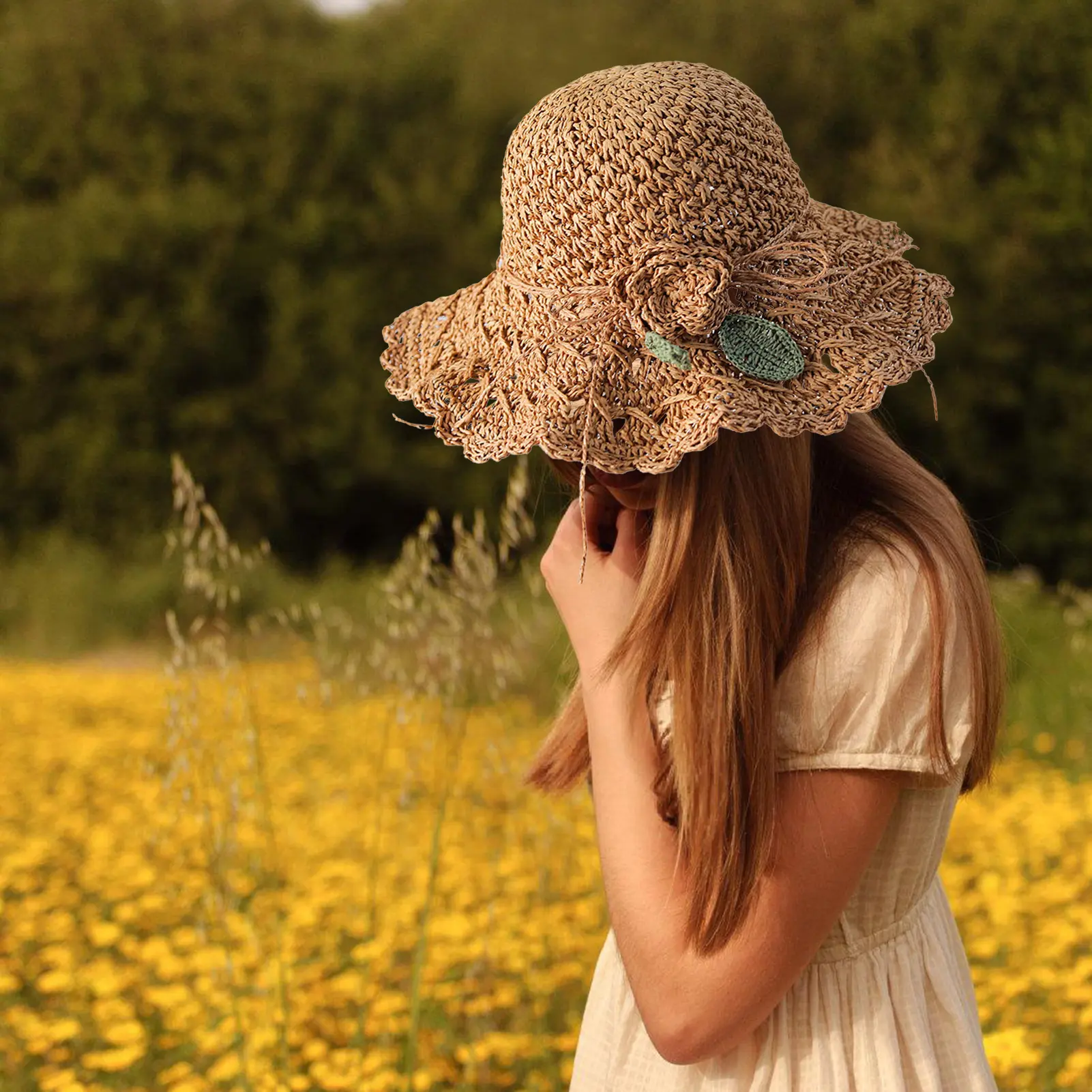 Women's Summer Sun Hat Wide Brim Elegant Crochet Straw Hat Fresh Holiday Seaside Beach Hat for Outdoor Sports Hiking Travel
