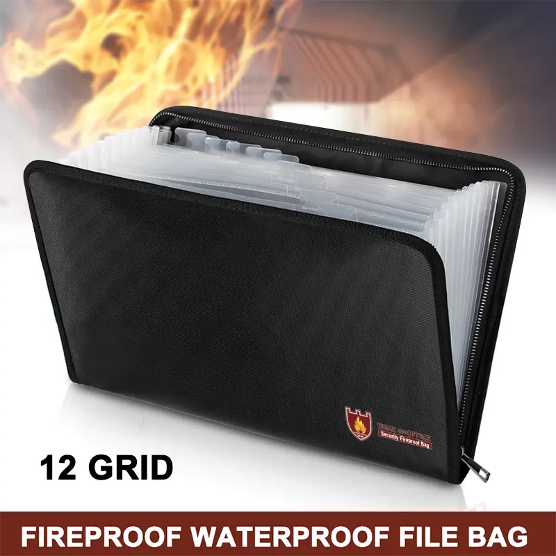 12 Grids Fireproof File Folder Portable Filing Organizer Pouch Liquid Silicone  Document Bag for Passports Certificates Photos