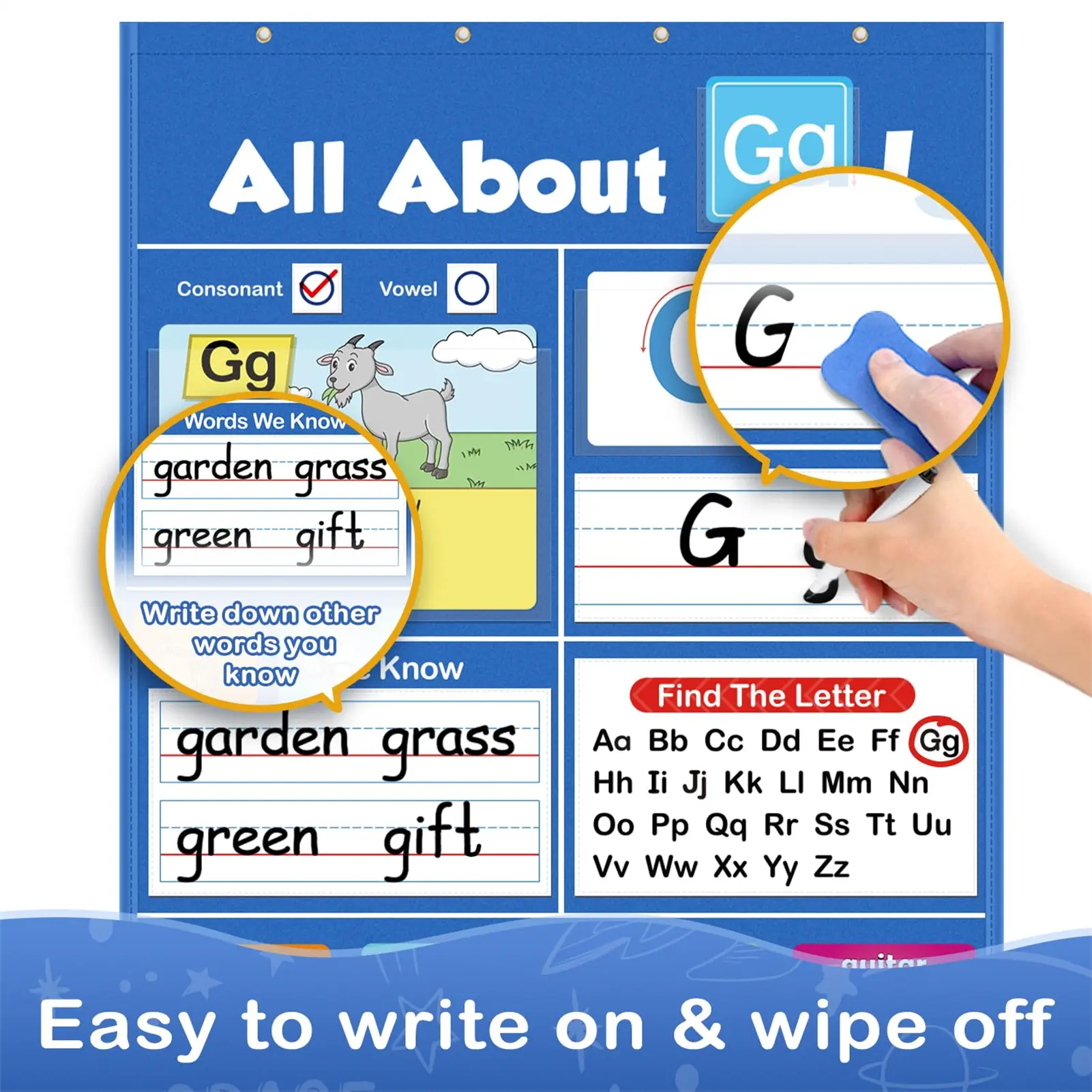 Alphabet Interactive  Learning Pocket Sleeve Chart Reusable Letter Learning Chart or Early Childhood Education Kids Classroom