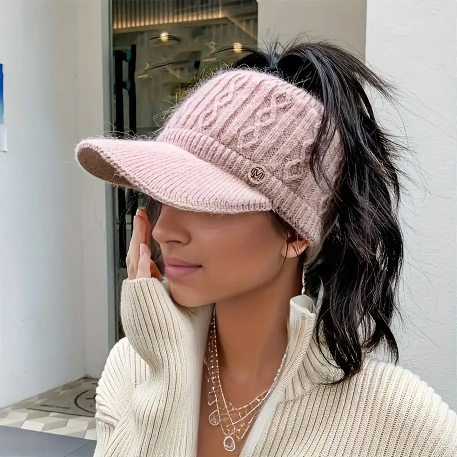 1pc Baseball Cap Knitted Beanie Hat For Women High Bun Ponytail Skull Cap Stretch Winter Chunky Warm Visor Brim Crochet Hats