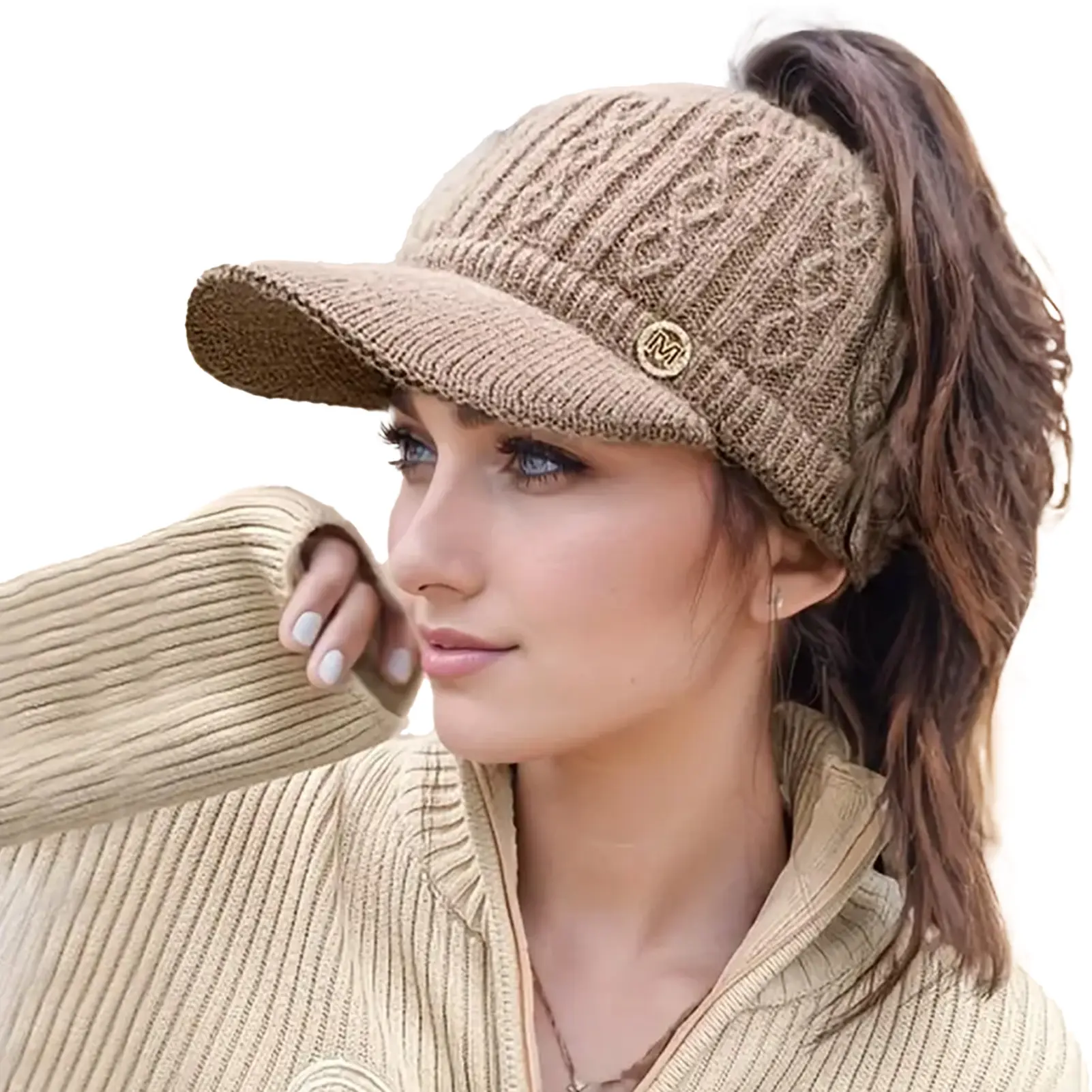 1pc Baseball Cap Knitted Beanie Hat For Women High Bun Ponytail Skull Cap Stretch Winter Chunky Warm Visor Brim Crochet Hats