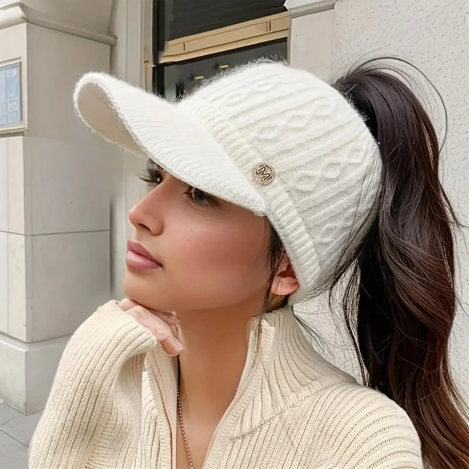 1pc Baseball Cap Knitted Beanie Hat For Women High Bun Ponytail Skull Cap Stretch Winter Chunky Warm Visor Brim Crochet Hats
