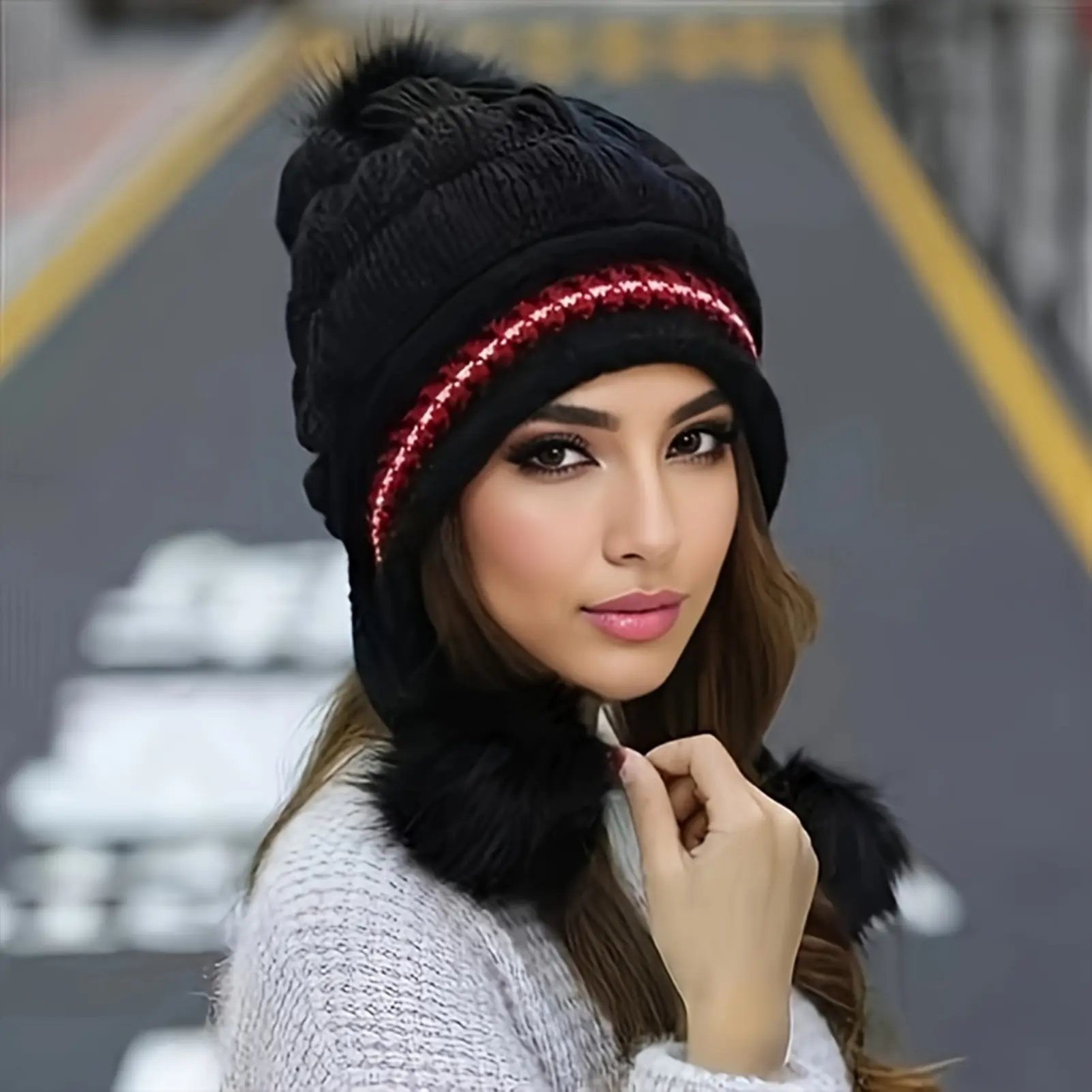 Soft Winter Warm Fur Hat Fleece Lined Earflap Hat For Women Knitted Beanie Casual Slouchy Thick Thermal Cap For Cold Weather
