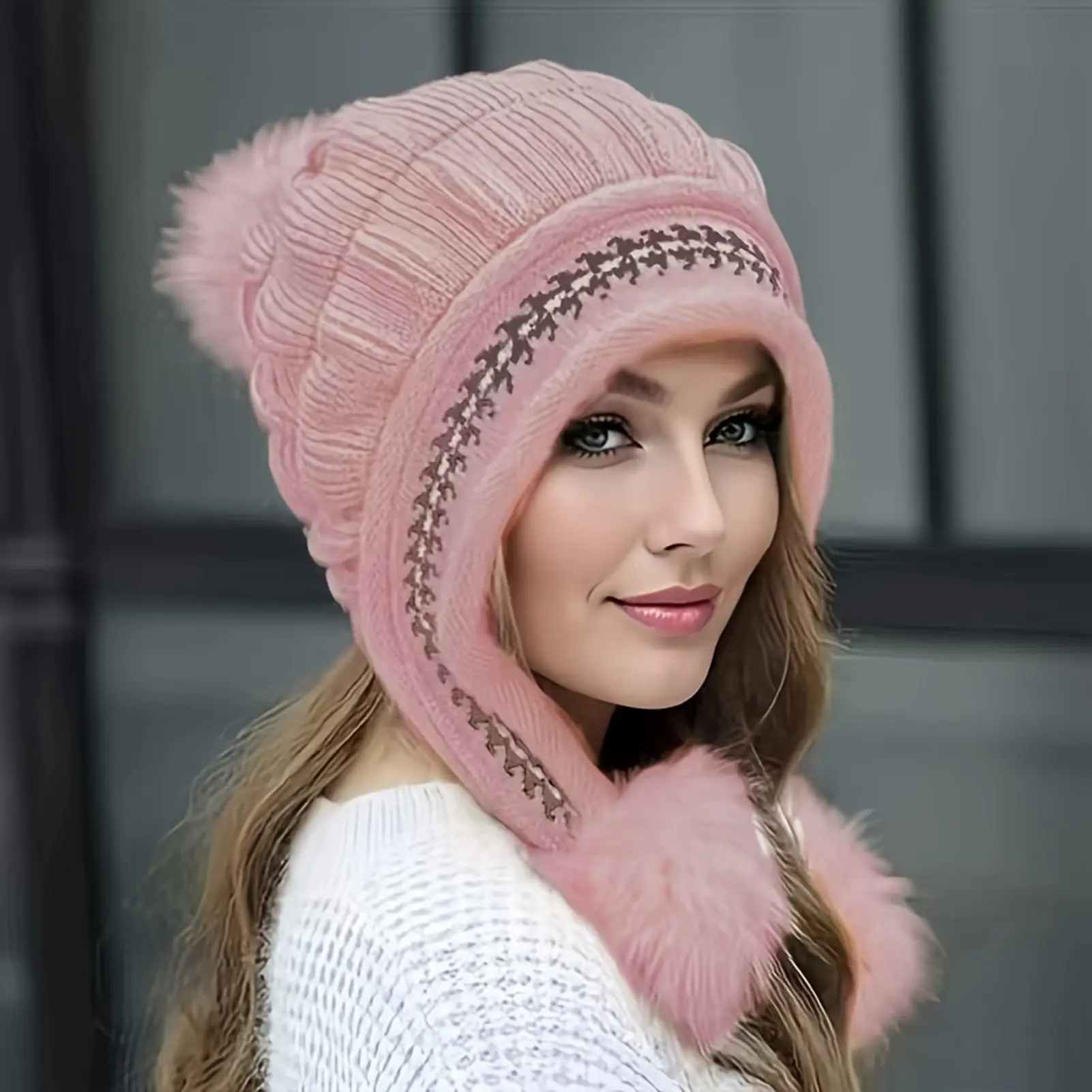 Soft Winter Warm Fur Hat Fleece Lined Earflap Hat For Women Knitted Beanie Casual Slouchy Thick Thermal Cap For Cold Weather