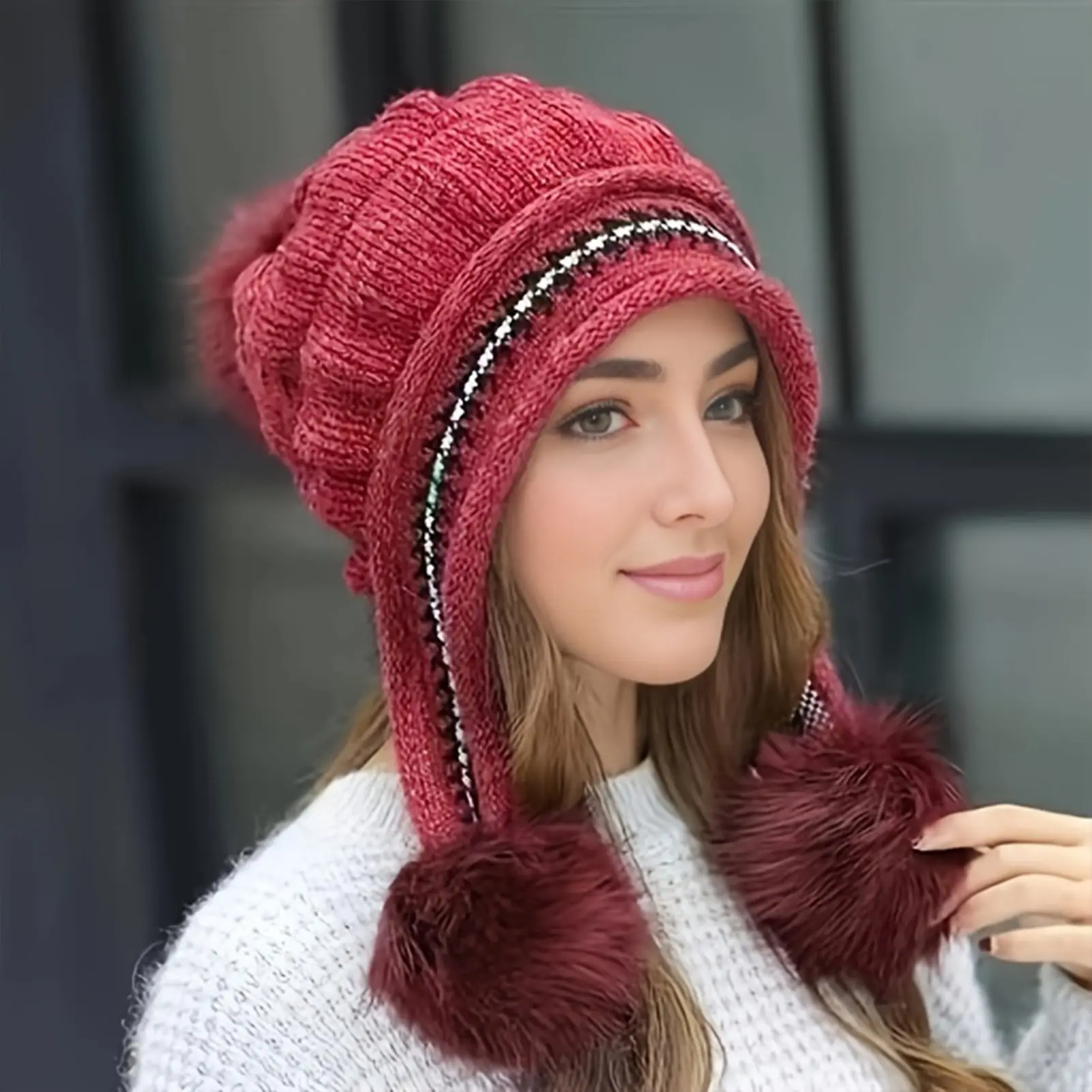 Soft Winter Warm Fur Hat Fleece Lined Earflap Hat For Women Knitted Beanie Casual Slouchy Thick Thermal Cap For Cold Weather