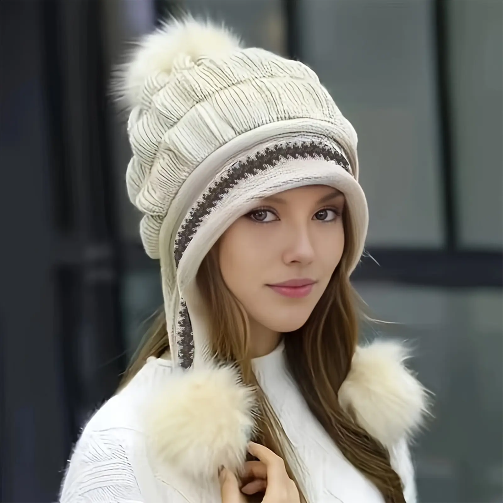 Soft Winter Warm Fur Hat Fleece Lined Earflap Hat For Women Knitted Beanie Casual Slouchy Thick Thermal Cap For Cold Weather