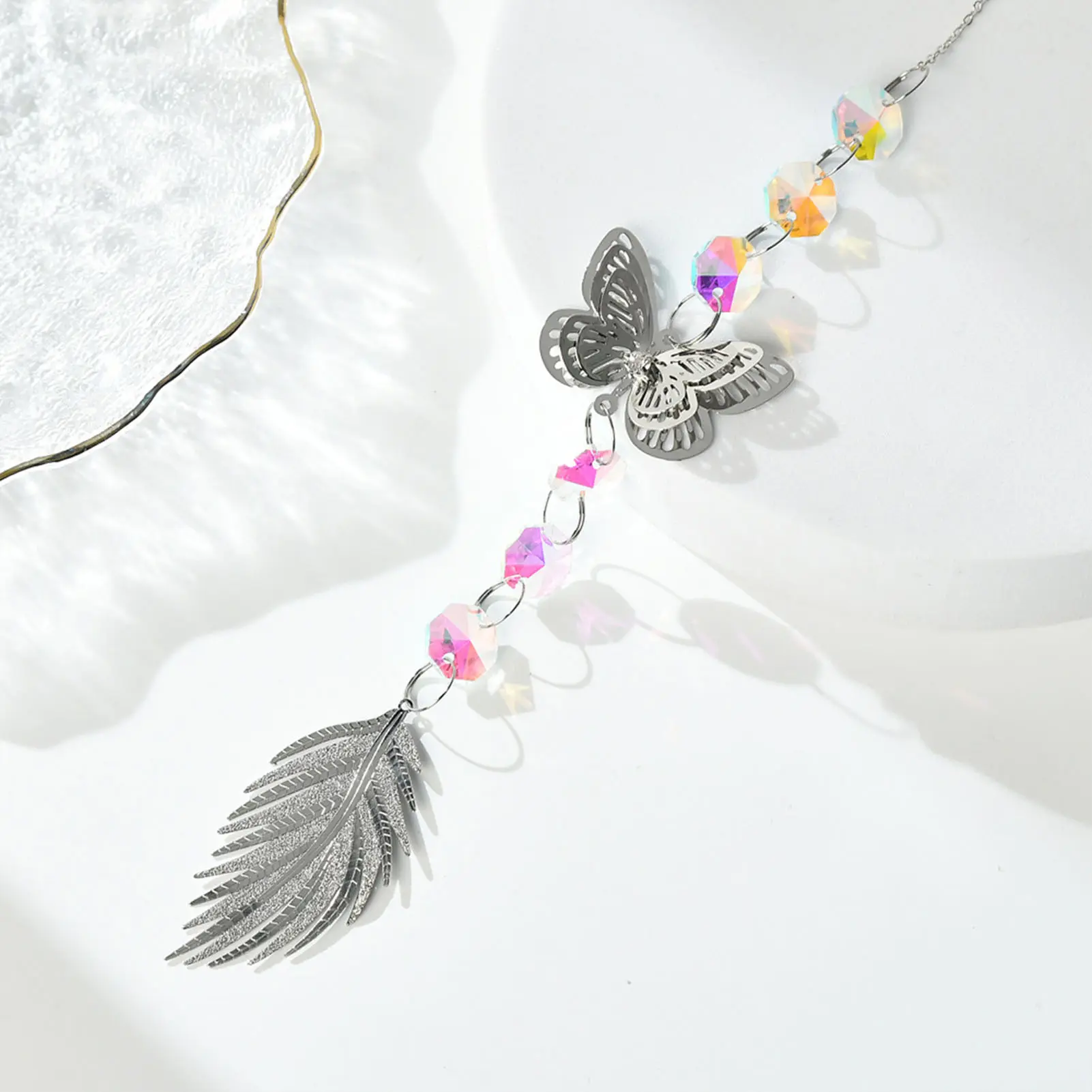 Silver Butterfly Wind Chime Crystal Pendant Ornaments Prism Round Frame Pendant Ornaments Curtain Light Ball Home Decoration