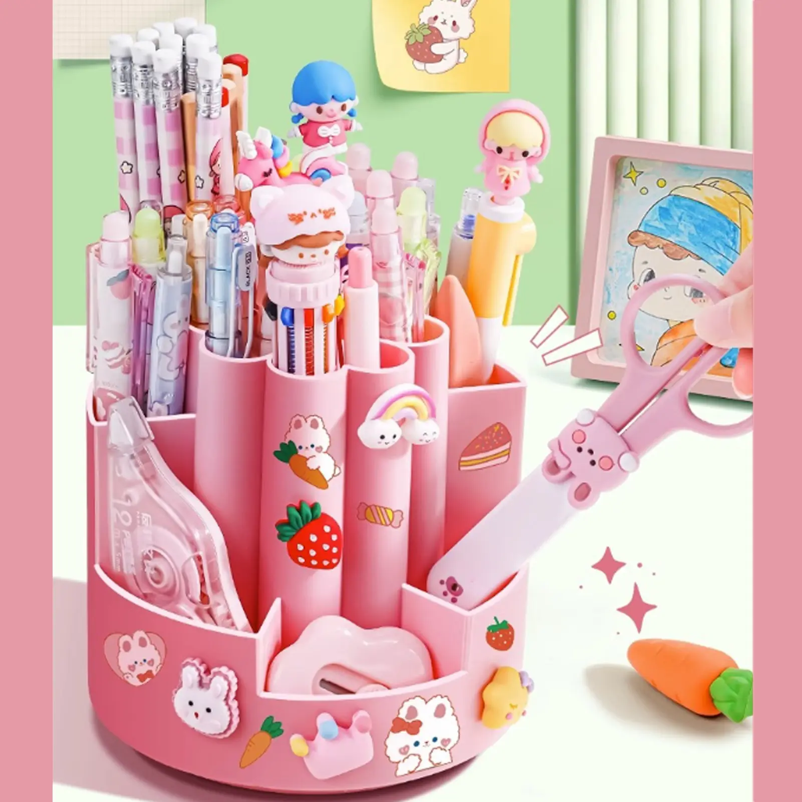360 Rotating Pen Holder Fun Cartoon Design Multifunctional Desk Storage Box Cosmetic Pen Student Stationery Children's Gifts