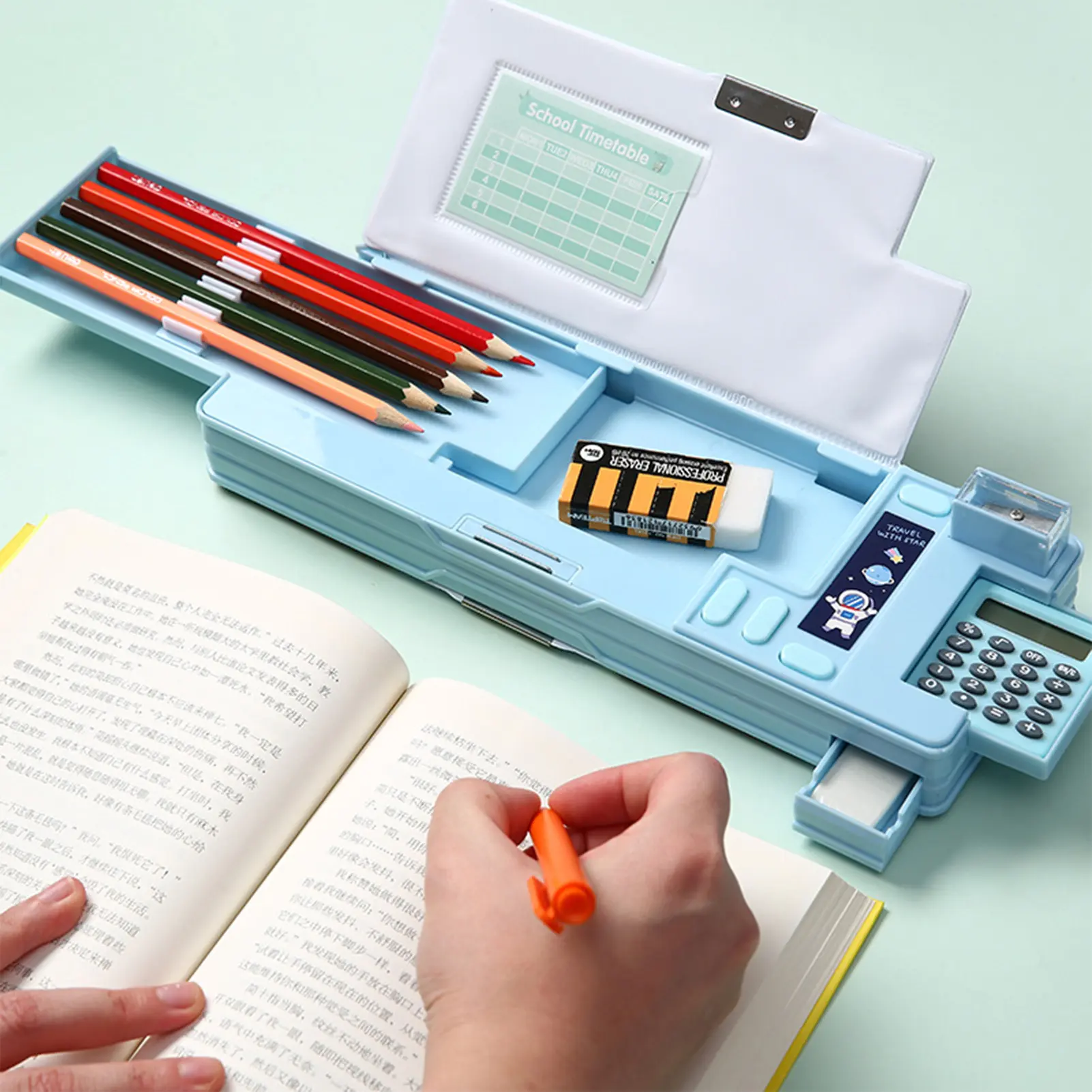 Cartoon Stationery Organizer Box Plastic Pencil Case Unicorn Bear Astronaut Stationery with Calculator Stationery Accessories